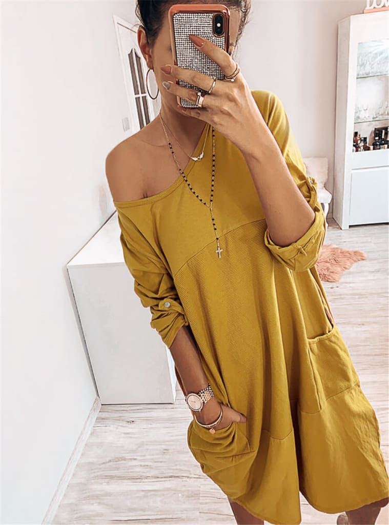 Pocket Casual Dress Women Loose O-Neck Pocket Solid Color Dress Female Vestidos