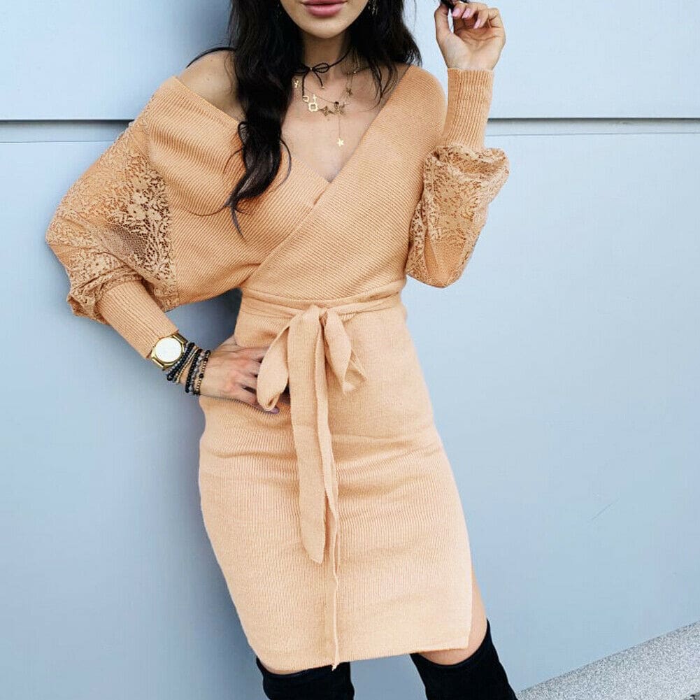 Women Elegant Knitted Pencil Dress New Woolen Split Dress Lace Long Sleeve V Neck Party Clubwear Belt Autumn Winter Lady