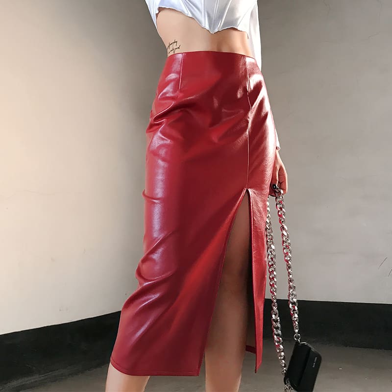 New Fashion Women Split Wrap Skirt Sexy Ladies Casual High Waist Slim Pu Leather Bottom Skirt OL Dress