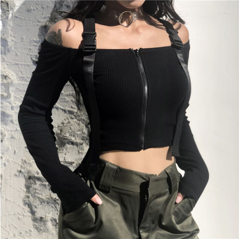 Women Punk Crop Tops Button Zipper Long Sleeve Off Shoulder High Street Thin Top Plus Size