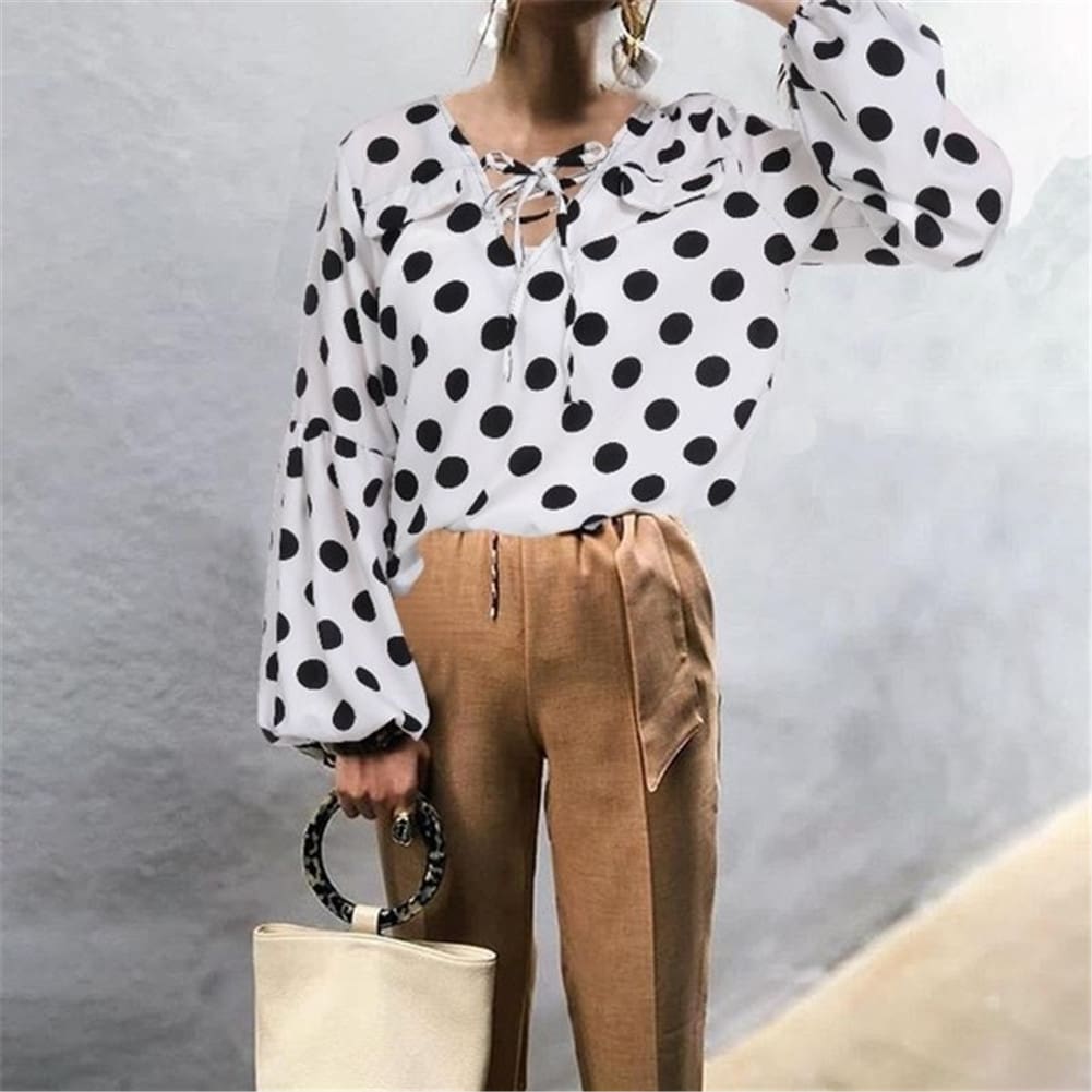 Women Blouse Shirt Polka Dot Striped Leopard Loose Blouse Top Tunic Shirt