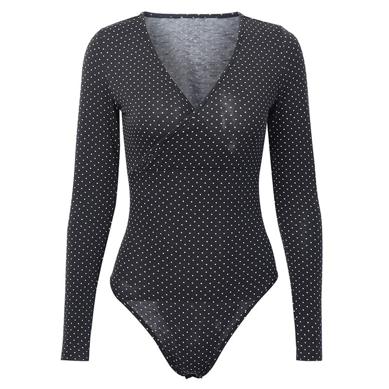 Women Polka Dot V Neck Long Sleeve Bodysuit Stretch Leotard Tops