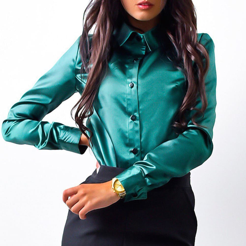 Elegant Fashion Women Long Sleeve Button Down Shirt OL Work Ladies Satin Loose Lapel Blouse Casual Tee Tops