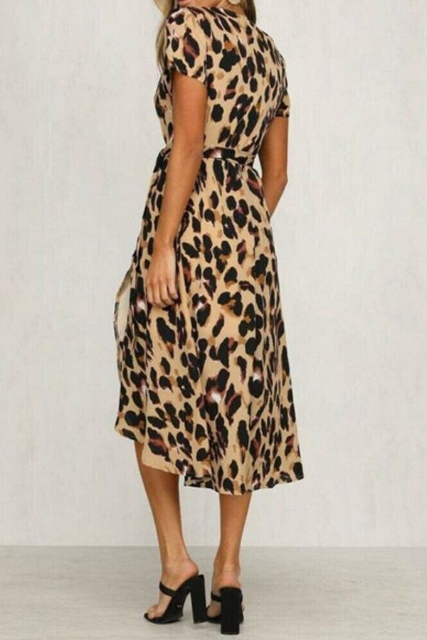 The Best High Waist Women's Fashion Summer Leopard Printed Dress Beach Holiday New Casual Loose Short Sleeve V-Neck Dress Online - Takalr