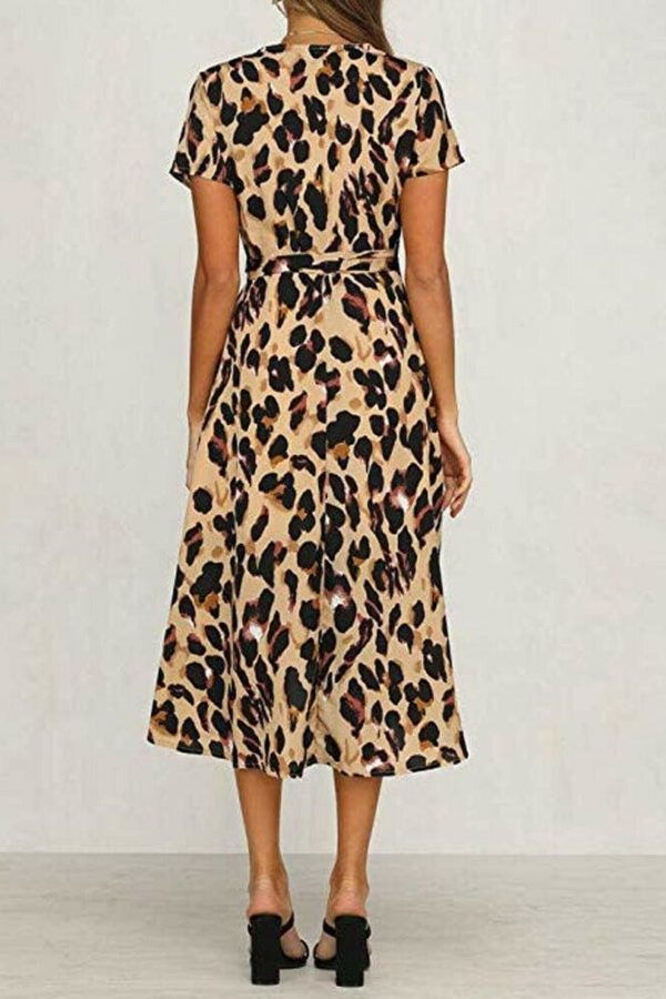 The Best High Waist Women's Fashion Summer Leopard Printed Dress Beach Holiday New Casual Loose Short Sleeve V-Neck Dress Online - Takalr