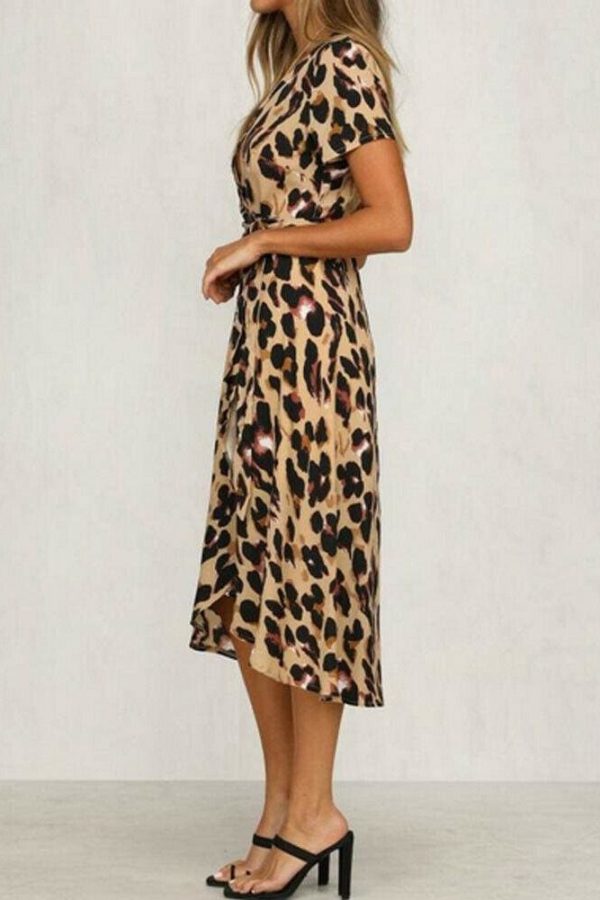 The Best High Waist Women's Fashion Summer Leopard Printed Dress Beach Holiday New Casual Loose Short Sleeve V-Neck Dress Online - Takalr