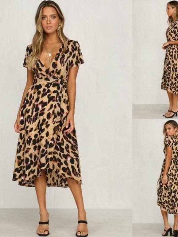 The Best High Waist Women's Fashion Summer Leopard Printed Dress Beach Holiday New Casual Loose Short Sleeve V-Neck Dress Online - Takalr