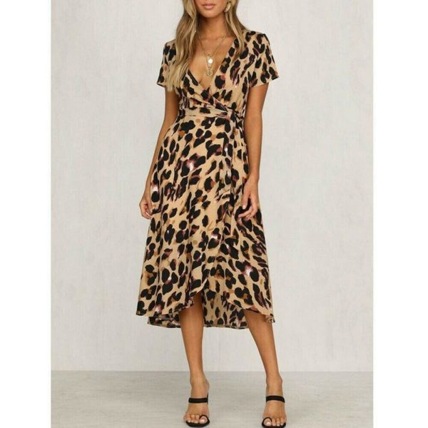 The Best High Waist Women's Fashion Summer Leopard Printed Dress Beach Holiday New Casual Loose Short Sleeve V-Neck Dress Online - Takalr