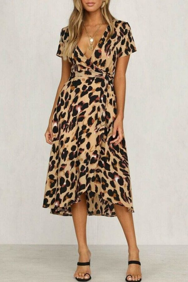 The Best High Waist Women's Fashion Summer Leopard Printed Dress Beach Holiday New Casual Loose Short Sleeve V-Neck Dress Online - Takalr