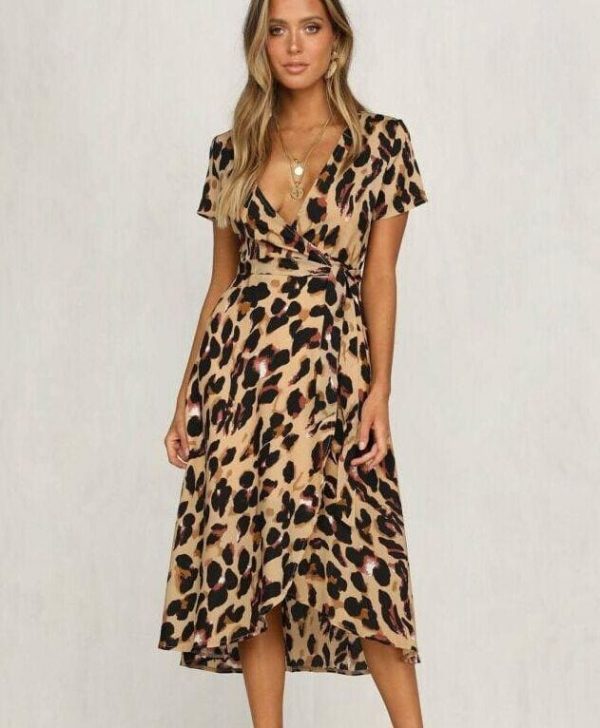 The Best High Waist Women's Fashion Summer Leopard Printed Dress Beach Holiday New Casual Loose Short Sleeve V-Neck Dress Online - Takalr