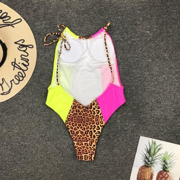 The Best Hirigin Halter One Piece Swimwear Women Leopard Patchwork Push Up Padded Women Bathing Suit Swimming Suit Beachwear Online - Takalr