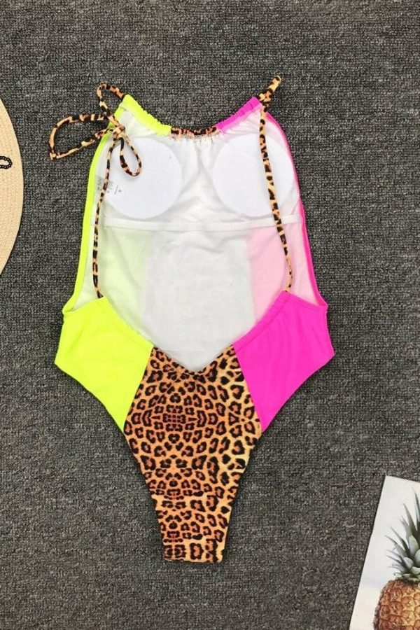 The Best Hirigin Halter One Piece Swimwear Women Leopard Patchwork Push Up Padded Women Bathing Suit Swimming Suit Beachwear Online - Takalr