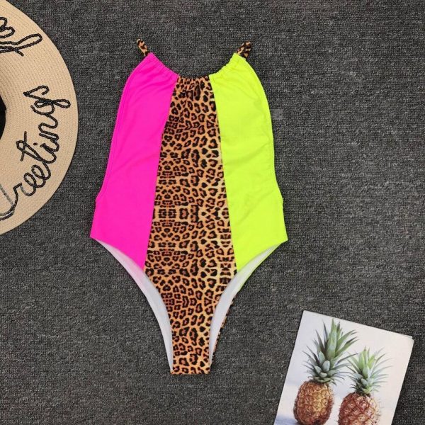 The Best Hirigin Halter One Piece Swimwear Women Leopard Patchwork Push Up Padded Women Bathing Suit Swimming Suit Beachwear Online - Takalr