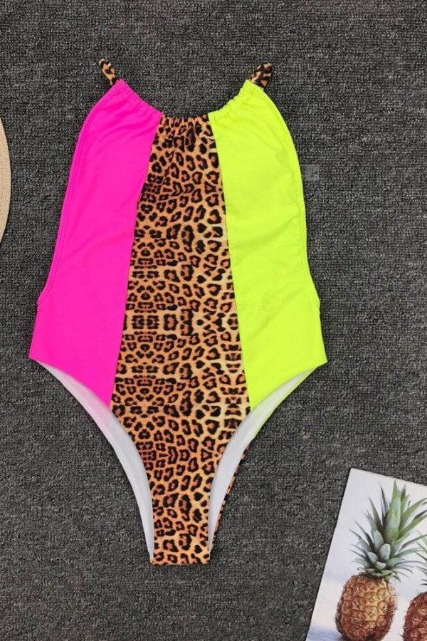 The Best Hirigin Halter One Piece Swimwear Women Leopard Patchwork Push Up Padded Women Bathing Suit Swimming Suit Beachwear Online - Takalr