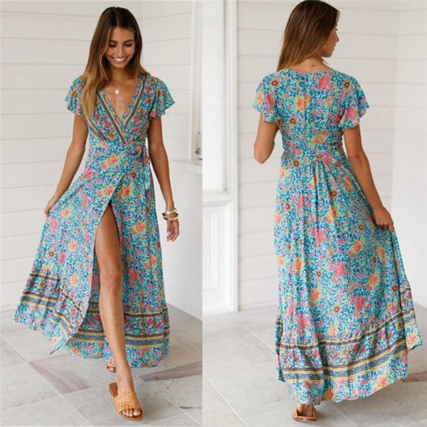 The Best Holiday Long Dress Women's Boho Dresses Lady Boho Floral V-neck Long Maxi Dress Summer Beachwear Sundress Online - Takalr