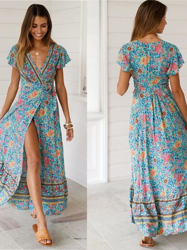 The Best Holiday Long Dress Women's Boho Dresses Lady Boho Floral V-neck Long Maxi Dress Summer Beachwear Sundress Online - Takalr