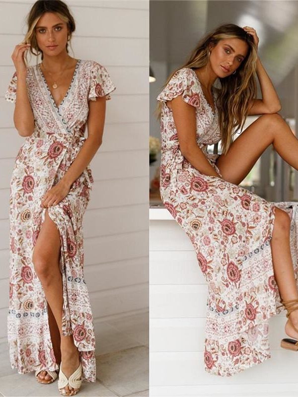 The Best Holiday Long Dress Women's Boho Dresses Lady Boho Floral V-neck Long Maxi Dress Summer Beachwear Sundress Online - Takalr