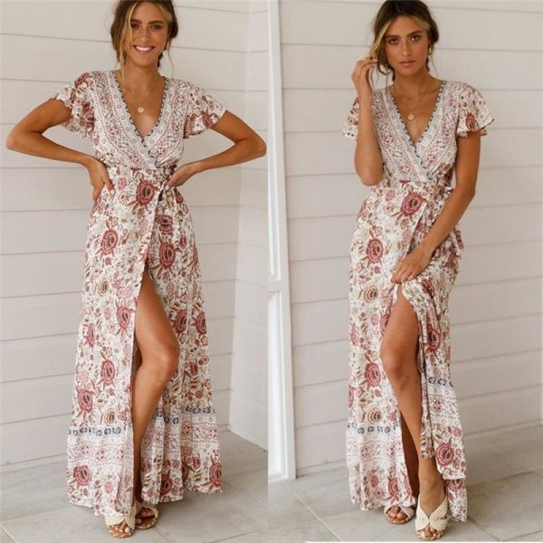 The Best Holiday Long Dress Women's Boho Dresses Lady Boho Floral V-neck Long Maxi Dress Summer Beachwear Sundress Online - Takalr