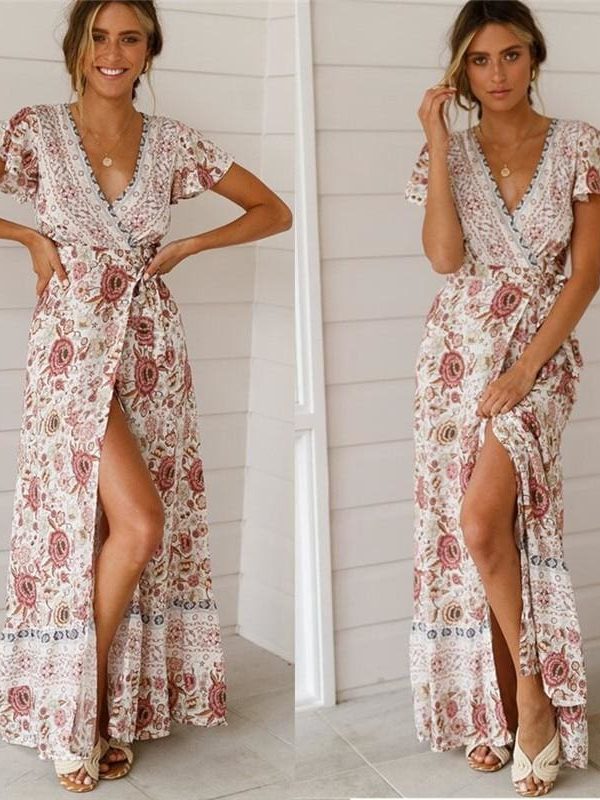 The Best Holiday Long Dress Women's Boho Dresses Lady Boho Floral V-neck Long Maxi Dress Summer Beachwear Sundress Online - Takalr