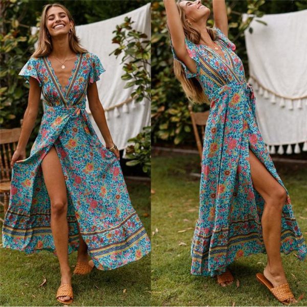 The Best Holiday Long Dress Women's Boho Dresses Lady Boho Floral V-neck Long Maxi Dress Summer Beachwear Sundress Online - Takalr