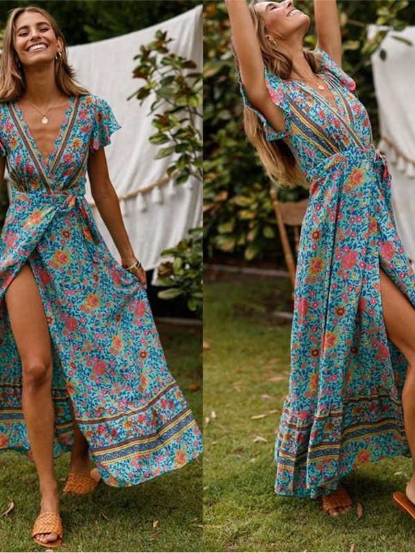 The Best Holiday Long Dress Women's Boho Dresses Lady Boho Floral V-neck Long Maxi Dress Summer Beachwear Sundress Online - Takalr