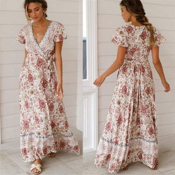 The Best Holiday Long Dress Women's Boho Dresses Lady Boho Floral V-neck Long Maxi Dress Summer Beachwear Sundress Online - Takalr