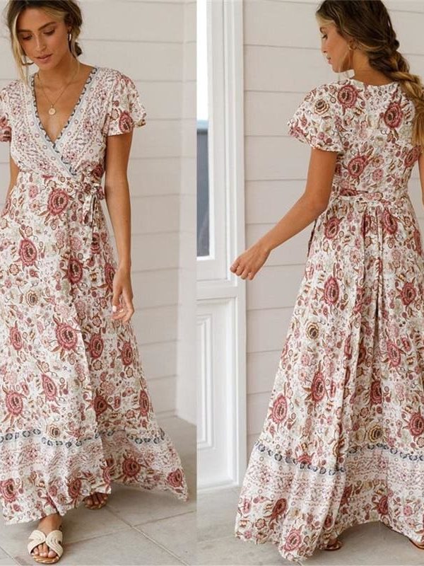 The Best Holiday Long Dress Women's Boho Dresses Lady Boho Floral V-neck Long Maxi Dress Summer Beachwear Sundress Online - Takalr