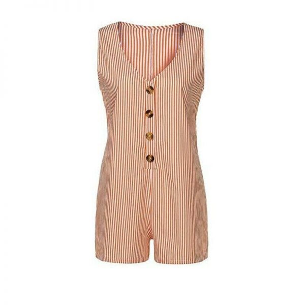 The Best Holiday Women Casual V-neck Sleeveless Playsuit Striped Button Jumpsuit Rompers Summer Beach Short Trousers Online - Takalr