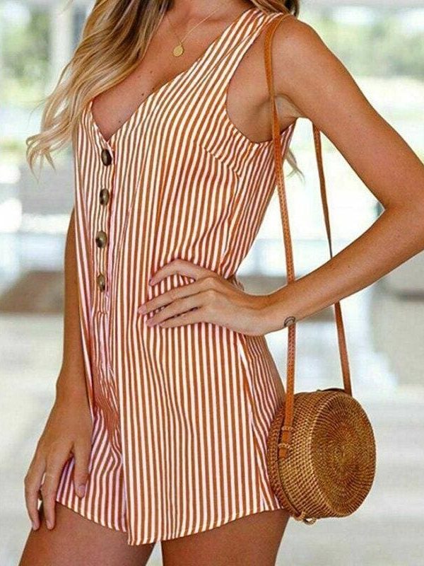 The Best Holiday Women Casual V-neck Sleeveless Playsuit Striped Button Jumpsuit Rompers Summer Beach Short Trousers Online - Takalr