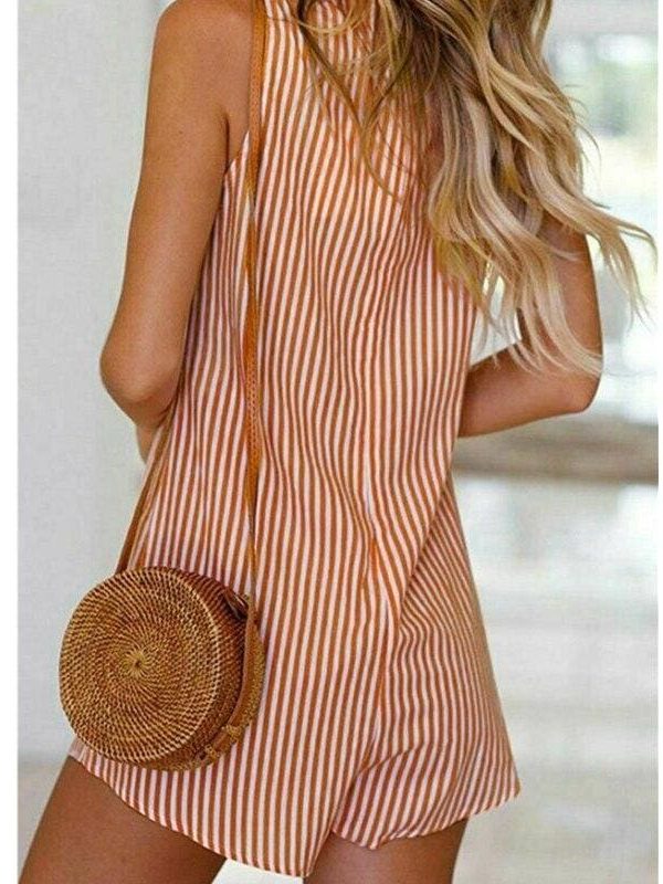 The Best Holiday Women Casual V-neck Sleeveless Playsuit Striped Button Jumpsuit Rompers Summer Beach Short Trousers Online - Takalr