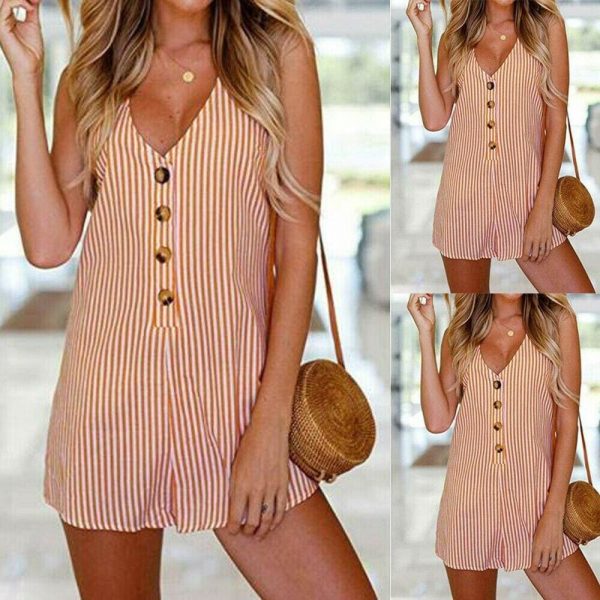 The Best Holiday Women Casual V-neck Sleeveless Playsuit Striped Button Jumpsuit Rompers Summer Beach Short Trousers Online - Takalr