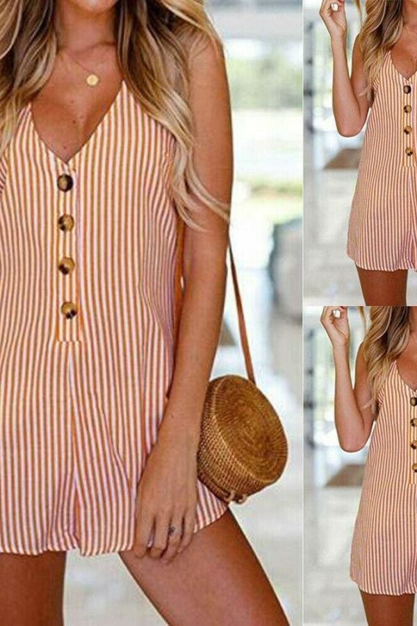 The Best Holiday Women Casual V-neck Sleeveless Playsuit Striped Button Jumpsuit Rompers Summer Beach Short Trousers Online - Takalr