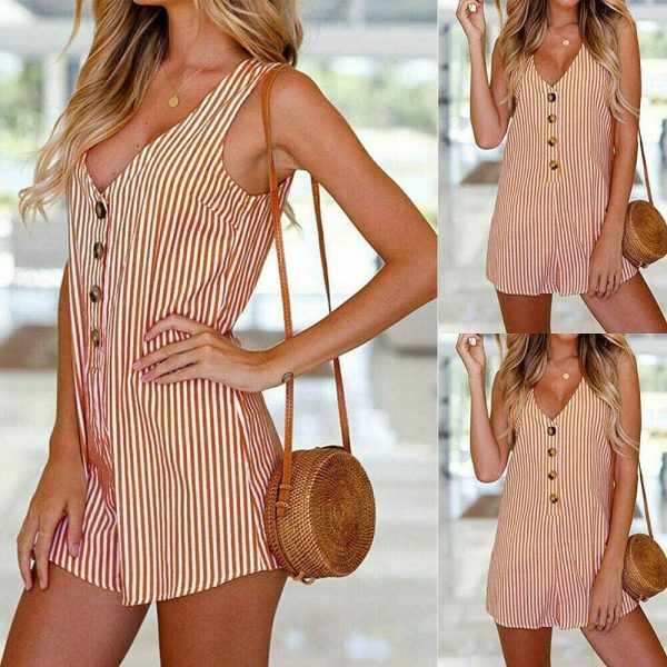 The Best Holiday Women Casual V-neck Sleeveless Playsuit Striped Button Jumpsuit Rompers Summer Beach Short Trousers Online - Takalr