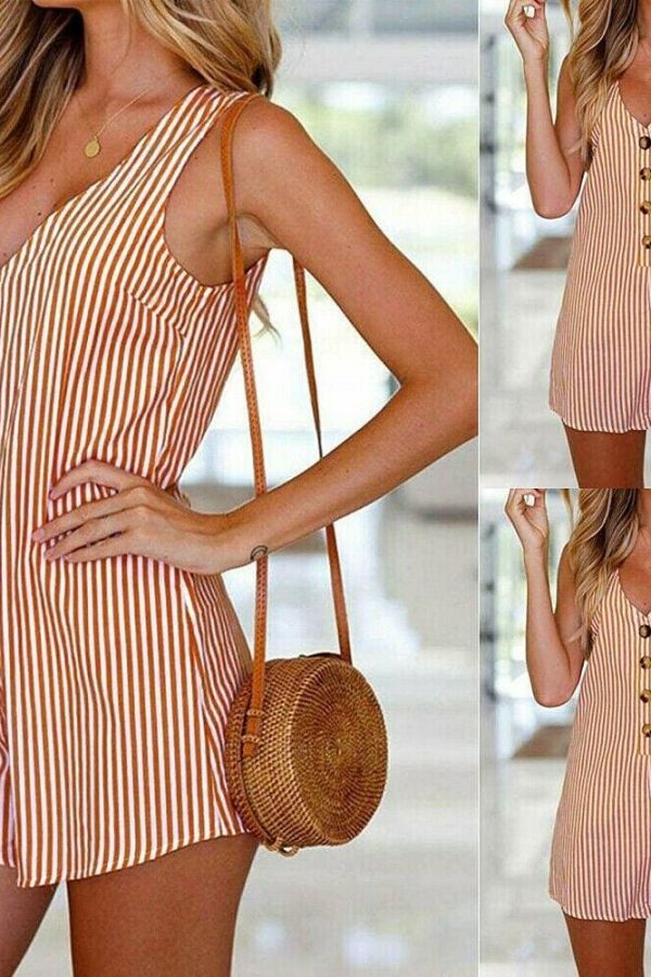 The Best Holiday Women Casual V-neck Sleeveless Playsuit Striped Button Jumpsuit Rompers Summer Beach Short Trousers Online - Takalr