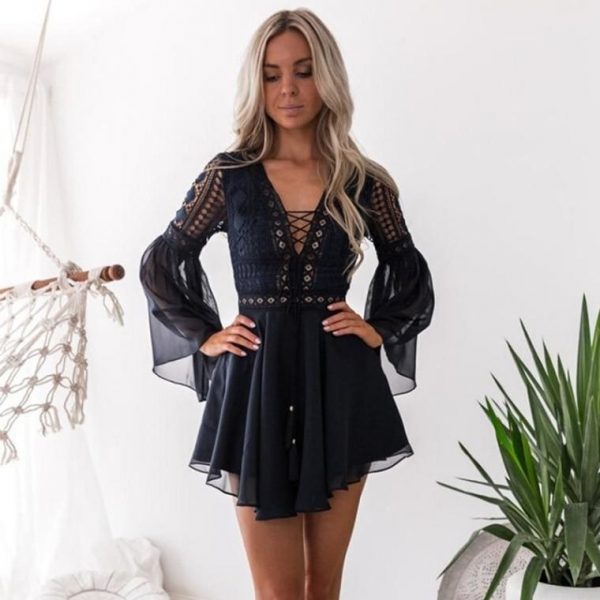 The Best Hollow Out Chiffon Dress Cross Bandage Lace V-Neck Long Sleeve Dress Online - Source Silk