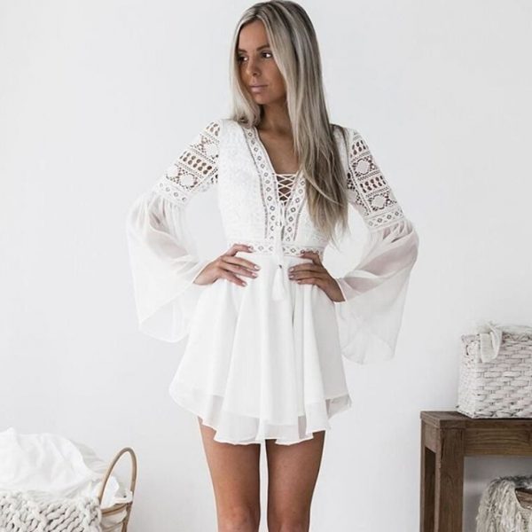 The Best Hollow Out Chiffon Dress Cross Bandage Lace V-Neck Long Sleeve Dress Online - Source Silk