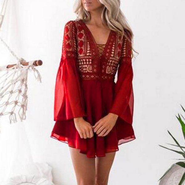 The Best Hollow Out Chiffon Dress Cross Bandage Lace V-Neck Long Sleeve Dress Online - Source Silk