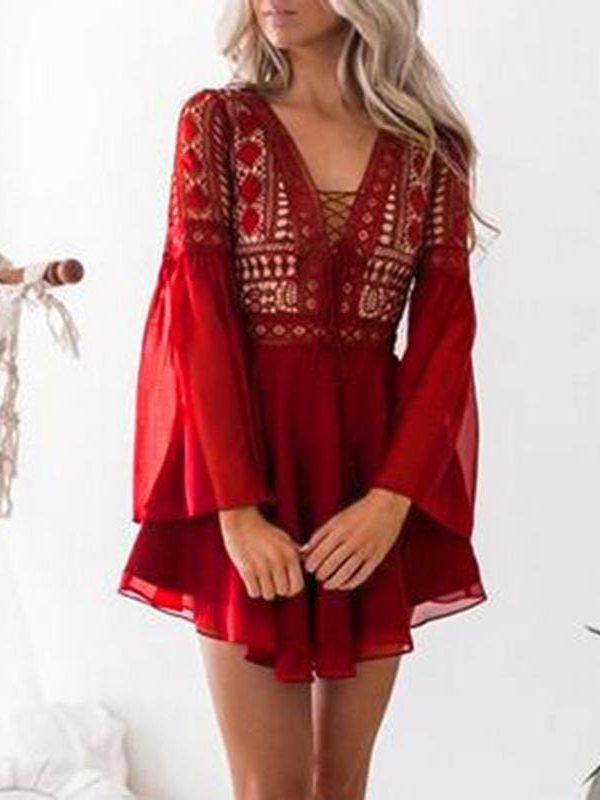 The Best Hollow Out Chiffon Dress Cross Bandage Lace V-Neck Long Sleeve Dress Online - Source Silk