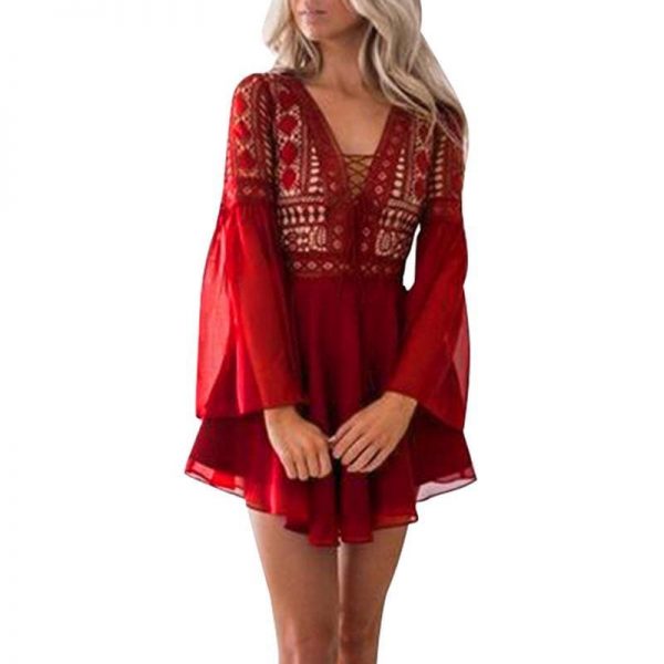 The Best Hollow Out Chiffon Dress Cross Bandage Lace V-Neck Long Sleeve Dress Online - Source Silk