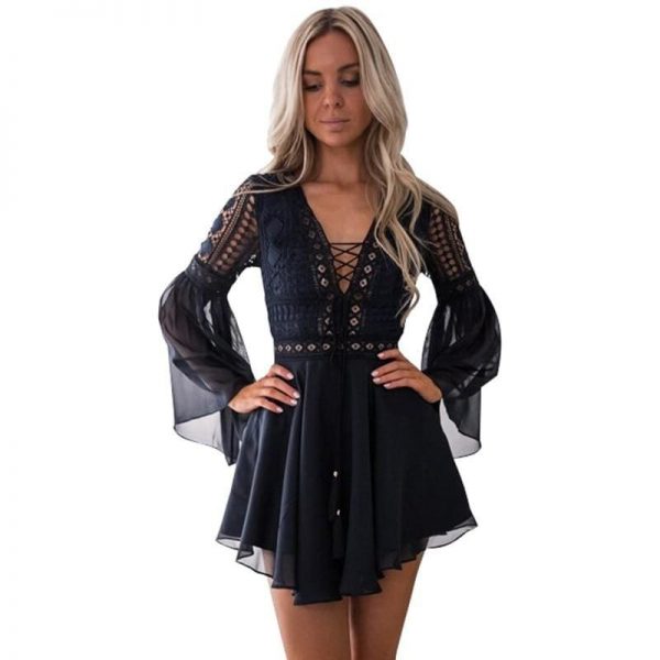 The Best Hollow Out Chiffon Dress Cross Bandage Lace V-Neck Long Sleeve Dress Online - Source Silk