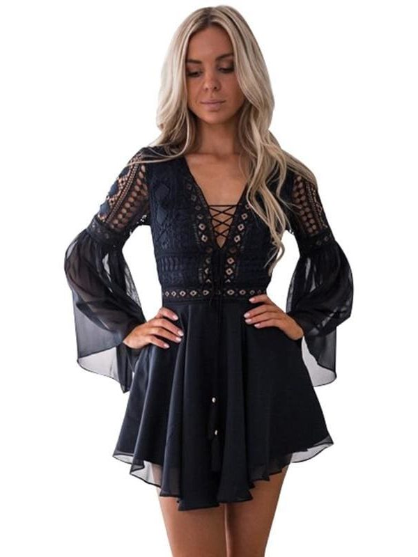 The Best Hollow Out Chiffon Dress Cross Bandage Lace V-Neck Long Sleeve Dress Online - Source Silk