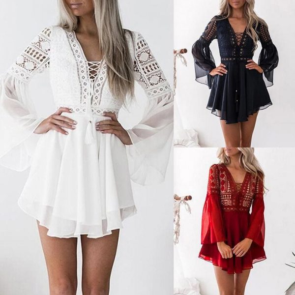 The Best Hollow Out Chiffon Dress Cross Bandage Lace V-Neck Long Sleeve Dress Online - Source Silk