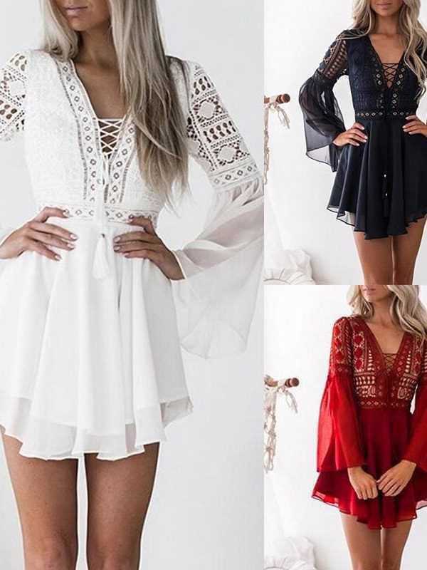 The Best Hollow Out Chiffon Dress Cross Bandage Lace V-Neck Long Sleeve Dress Online - Source Silk