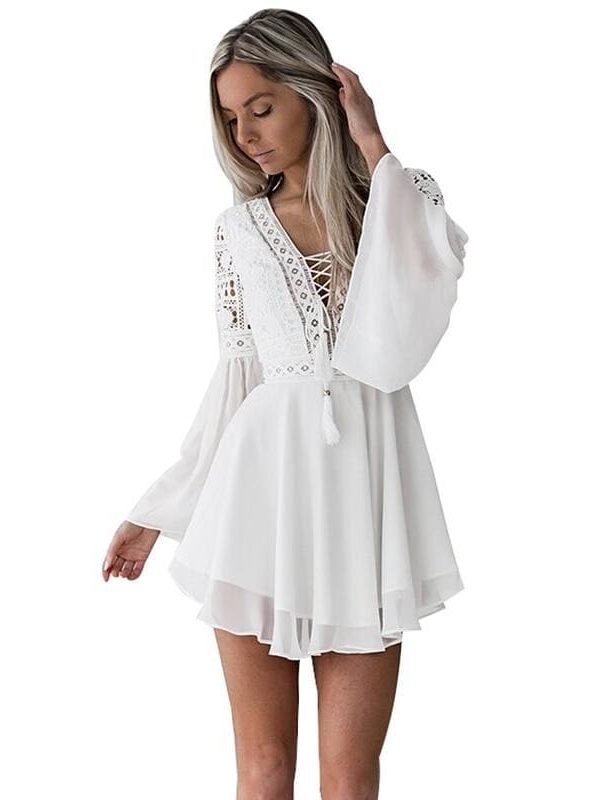 The Best Hollow Out Chiffon Dress Cross Bandage Lace V-Neck Long Sleeve Dress Online - Source Silk