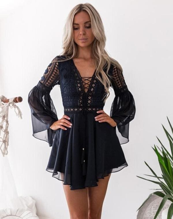 The Best Hollow Out Chiffon Dress Cross Bandage Lace V-Neck Long Sleeve Dress Online - Source Silk