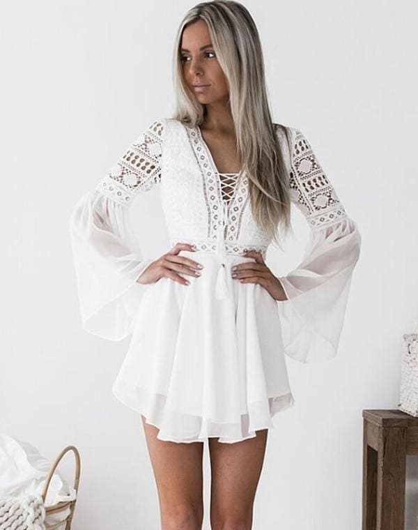 The Best Hollow Out Chiffon Dress Cross Bandage Lace V-Neck Long Sleeve Dress Online - Source Silk