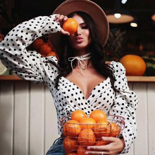 The Best Hot Autumn Retro Polka Dot Blouse Long Sleeve Short Shirts Lady Vintage Lace Up V neck Chic Blouses Shirt Online - Takalr