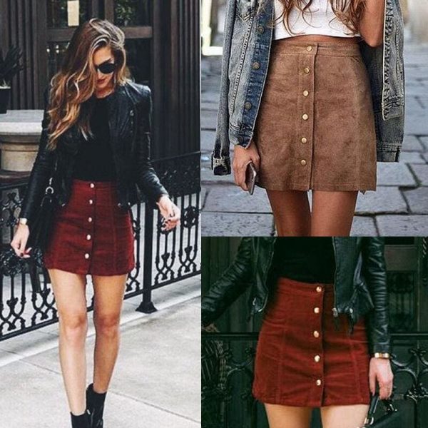 The Best Hot Fashion Elegant Women Ladies Summer Skirts High Waist Single Breasted Button Solid Slim A-Line Suede Leather Mini Skirts Online - Takalr