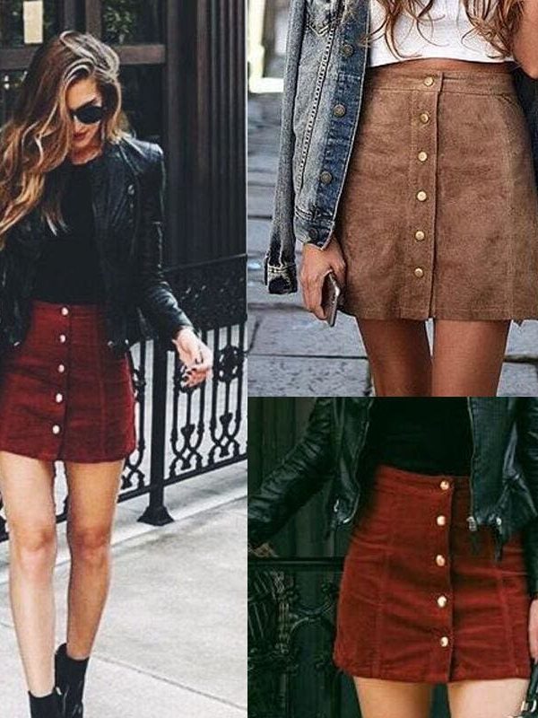 The Best Hot Fashion Elegant Women Ladies Summer Skirts High Waist Single Breasted Button Solid Slim A-Line Suede Leather Mini Skirts Online - Takalr