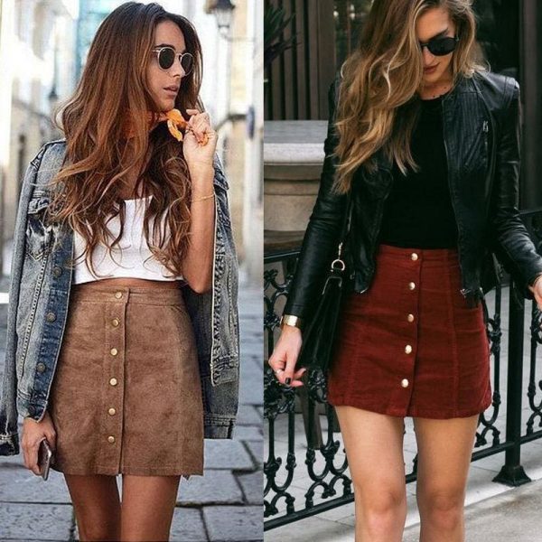 The Best Hot Fashion Elegant Women Ladies Summer Skirts High Waist Single Breasted Button Solid Slim A-Line Suede Leather Mini Skirts Online - Takalr